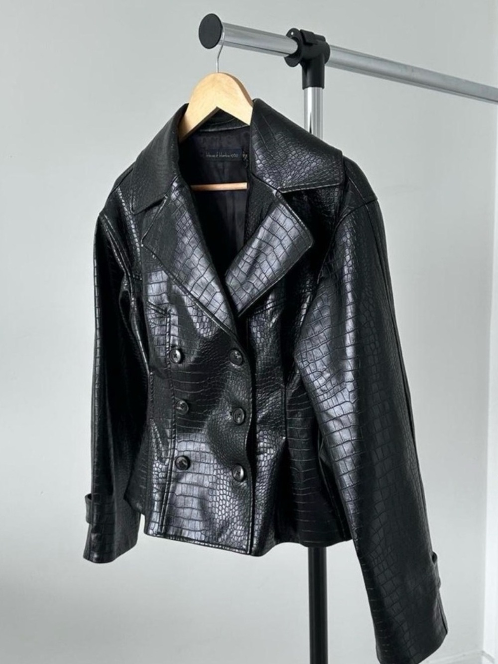 House of Harlow 1960 Black Faux Croc Double-Breasted Jacket